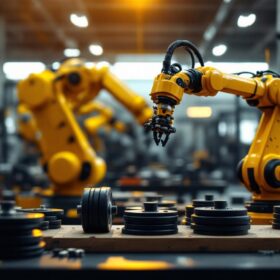 A photograph of a well-organized industrial workspace featuring a weight set prominently displayed alongside a modern industrial robotic arm in action