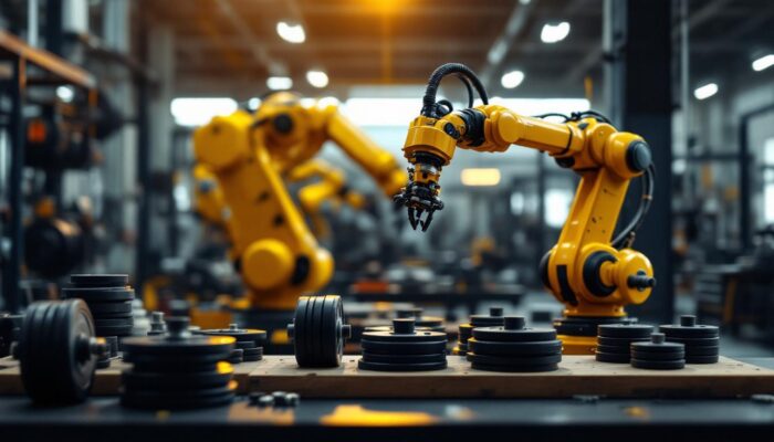 A photograph of a well-organized industrial workspace featuring a weight set prominently displayed alongside a modern industrial robotic arm in action