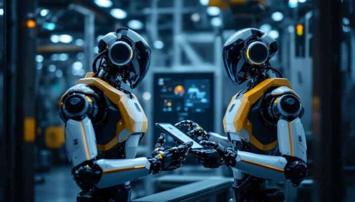 A photograph of a modern industrial robot in action