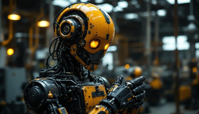 A photograph of a vintage industrial robot in a factory setting