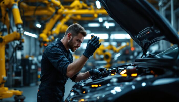 A photograph of a skilled technician working on a vehicle in an auto body shop