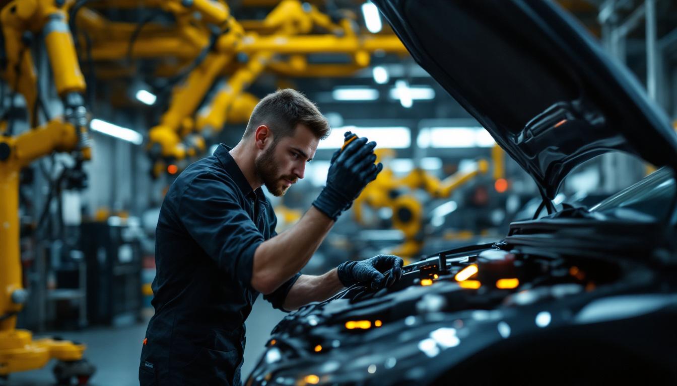 A photograph of a skilled technician working on a vehicle in an auto body shop