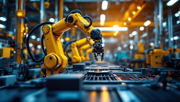 A photograph of a dynamic industrial setting showcasing a robotic arm in action