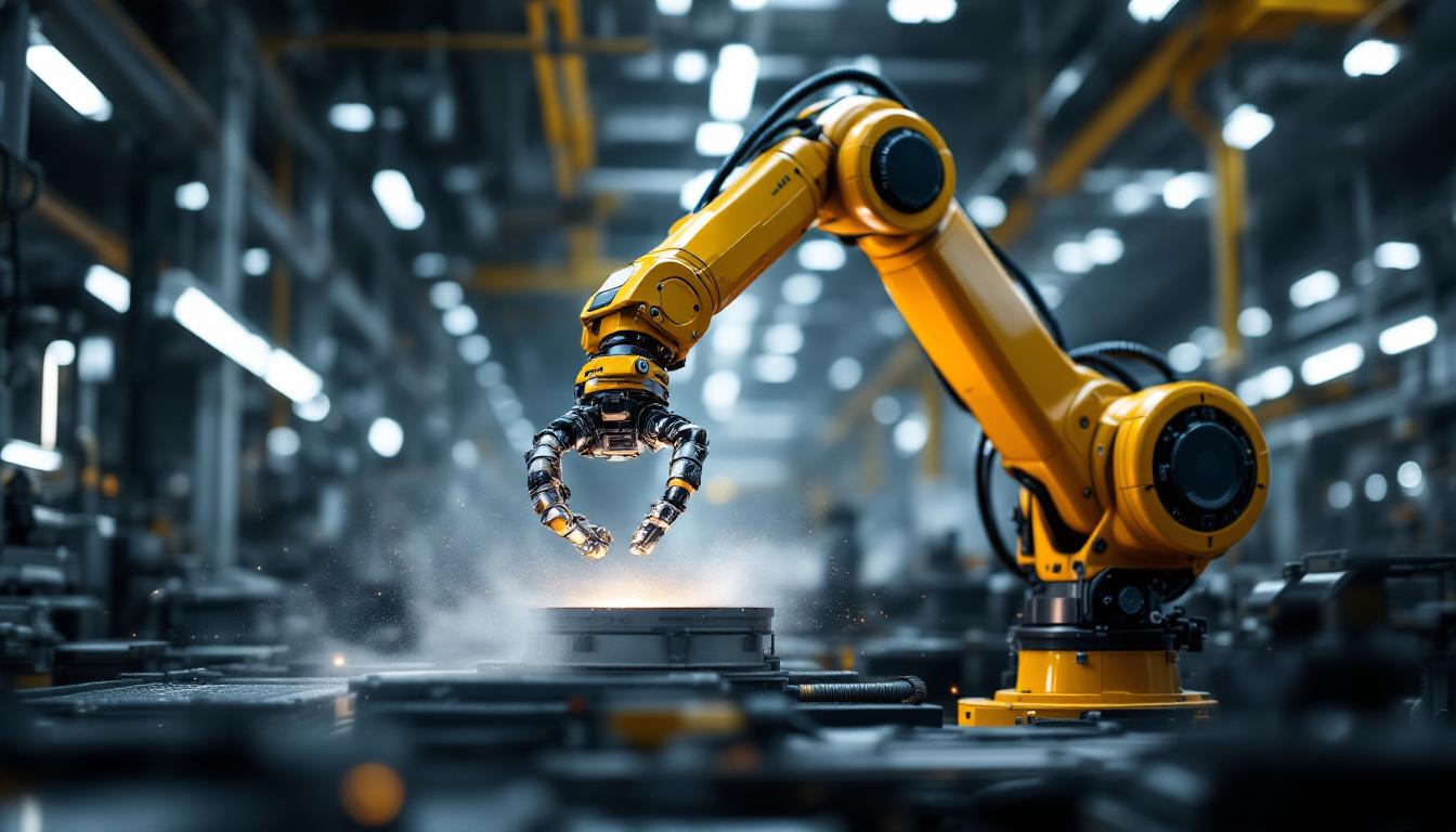 A photograph of a dynamic industrial setting featuring a robotic arm in action