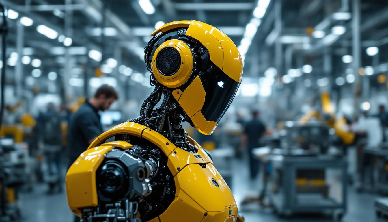 A photograph of a sleek industrial robot in action within a modern manufacturing environment