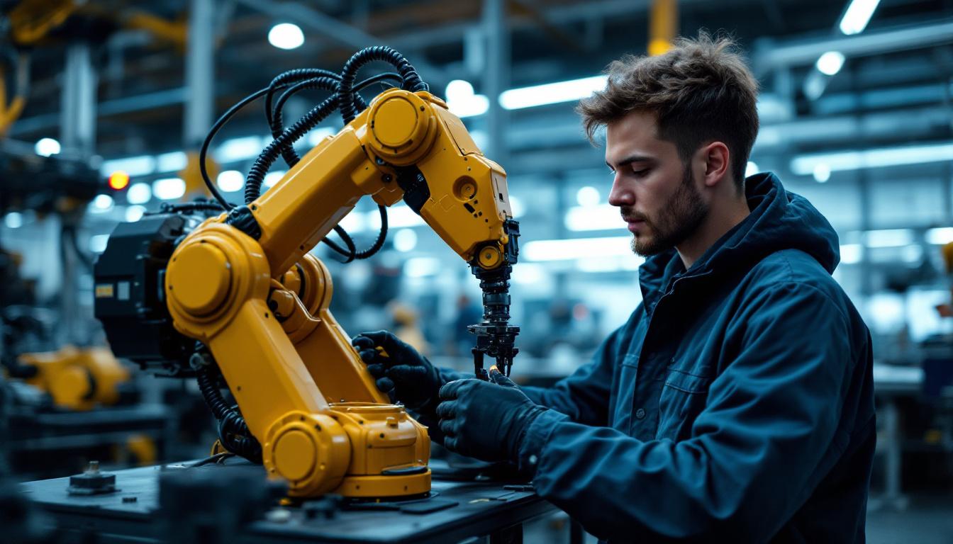 A photograph of a young mechanical engineer working on an industrial robot in a modern manufacturing environment