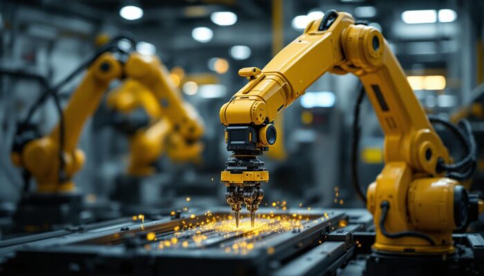 A photograph of capture a photograph of a sleek industrial robotic arm in action at general dynamics new london