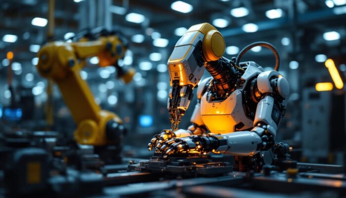 A photograph of a modern industrial robot in action