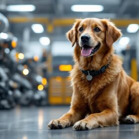 A photograph of a sitting dog in a modern industrial setting
