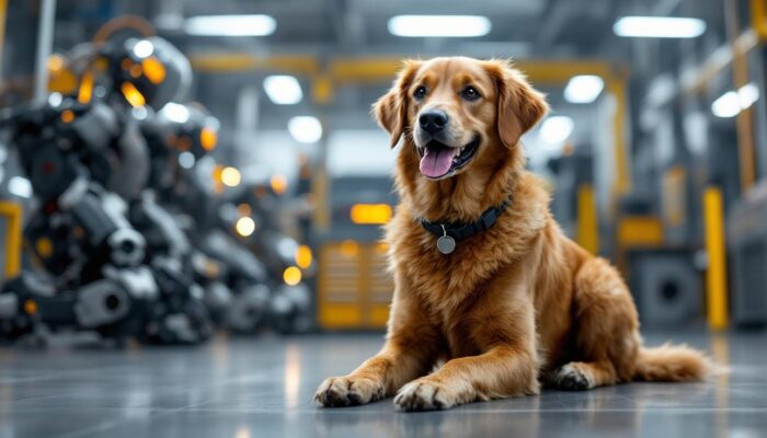 A photograph of a sitting dog in a modern industrial setting