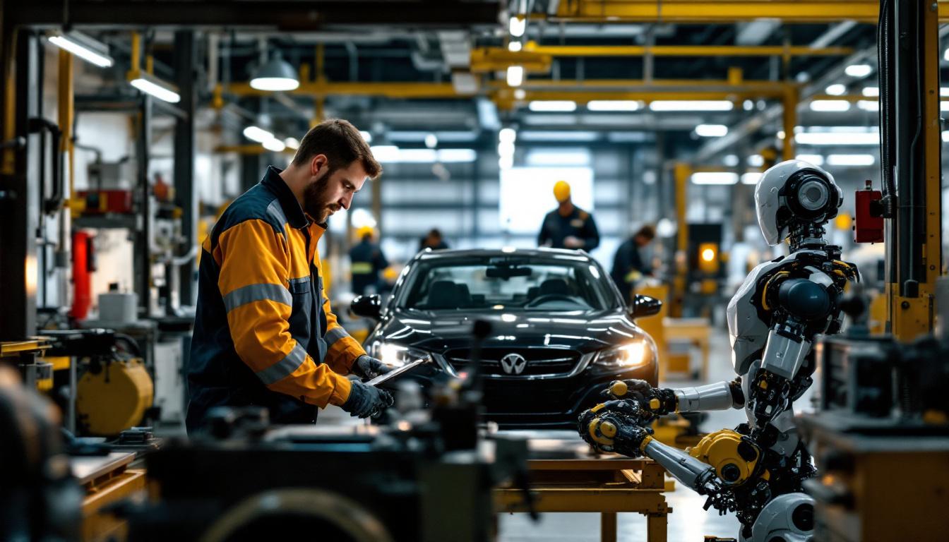 A photograph of a busy texas vehicle inspection station with a mechanic examining a car