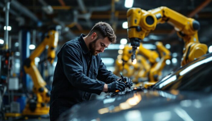 A photograph of a skilled technician performing a detailed car inspection in a well-lit garage