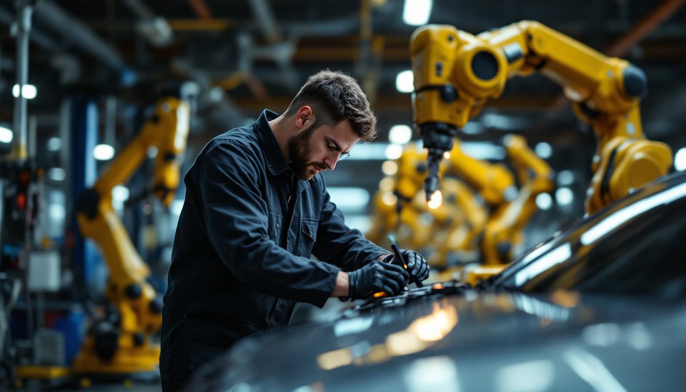 A photograph of a skilled technician performing a detailed car inspection in a well-lit garage