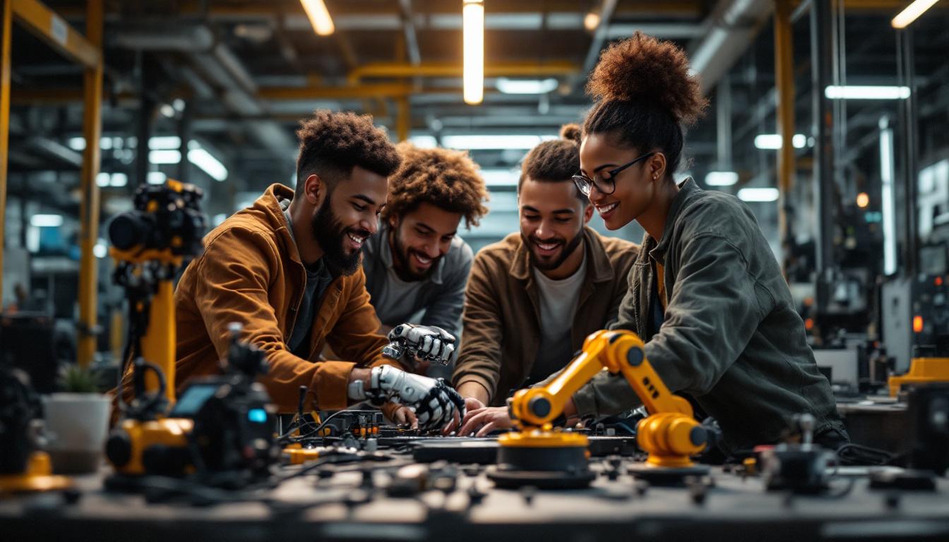 A photograph of a diverse group of recent graduates collaborating on a robotics project