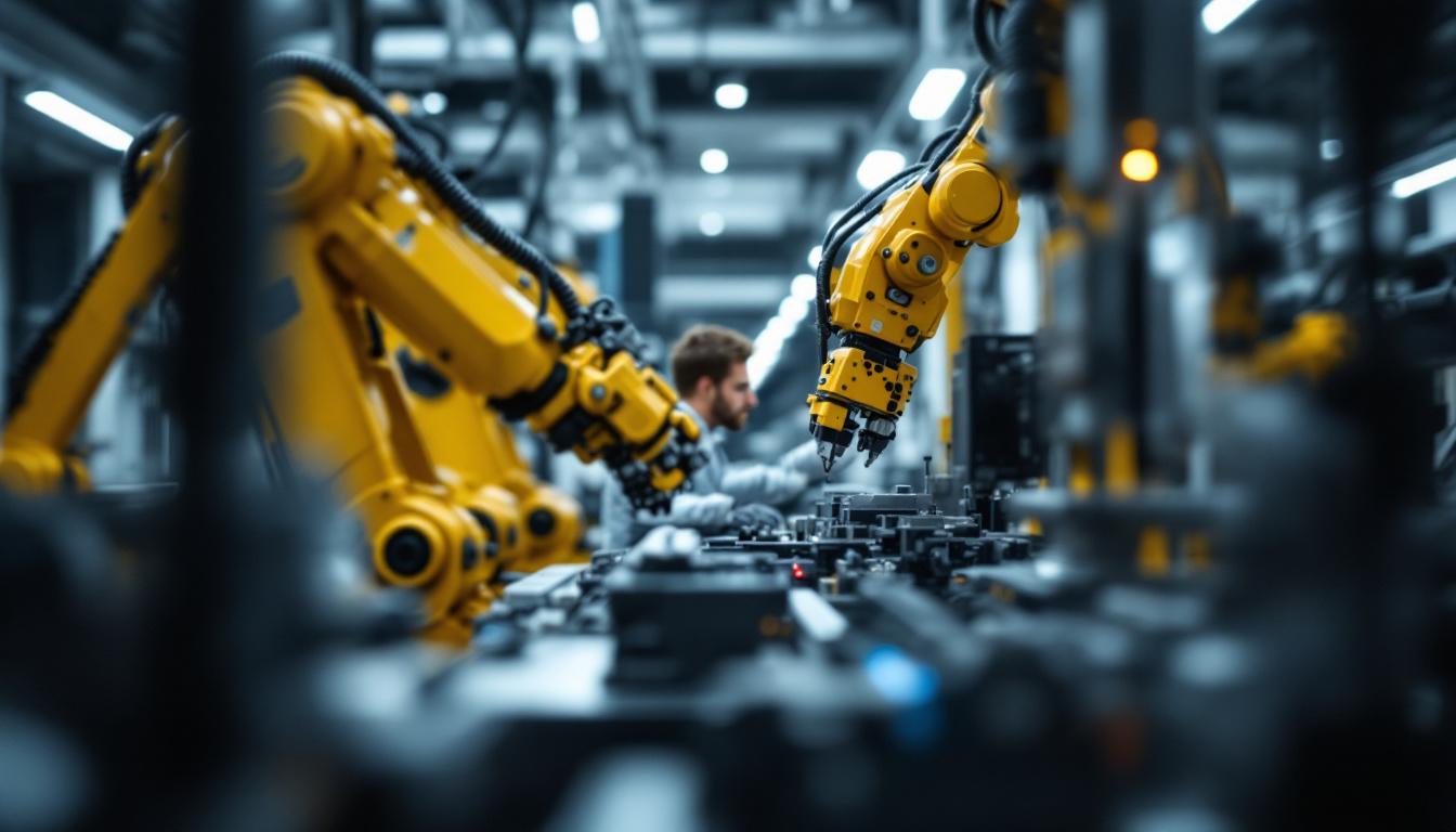 A photograph of a computer engineering intern working hands-on with industrial robotics in a modern lab setting