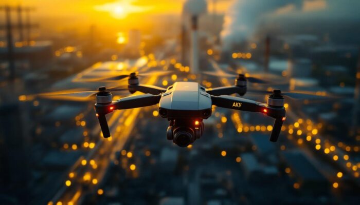 A photograph of a drone equipped with radiation detection sensors flying over an industrial site