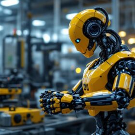 A photograph of a sleek industrial robot in action within a modern manufacturing environment