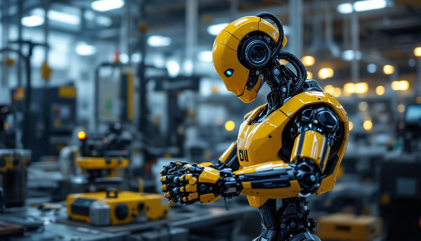 A photograph of a sleek industrial robot in action within a modern manufacturing environment