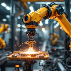A photograph of capture a photograph of a sleek industrial robotic arm equipped with a 360 thermal camera in action