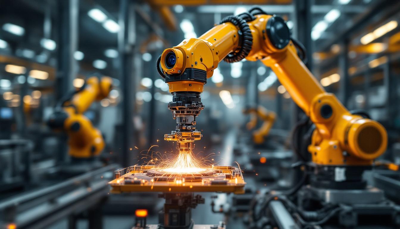 A photograph of capture a photograph of a sleek industrial robotic arm equipped with a 360 thermal camera in action