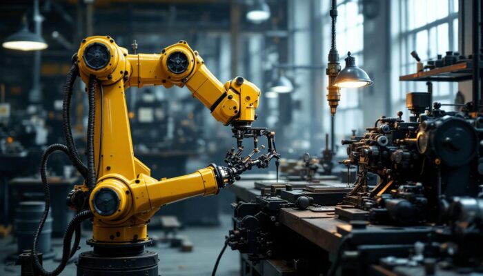 A photograph of an industrial robot in action alongside vintage watchmaking machinery at the waltham watch factory
