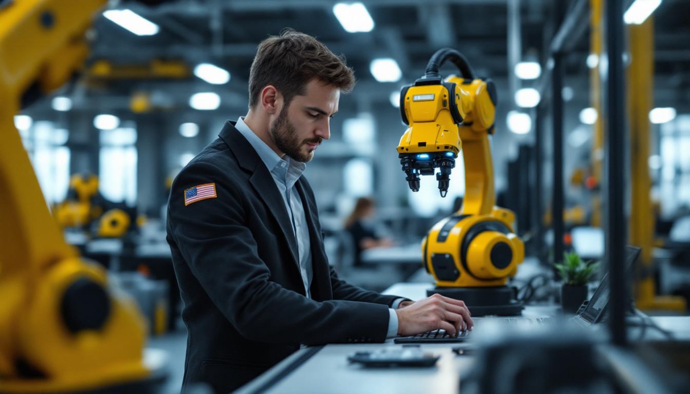 A photograph of a sales engineer engaging with industrial robotic equipment in a dynamic boston workspace