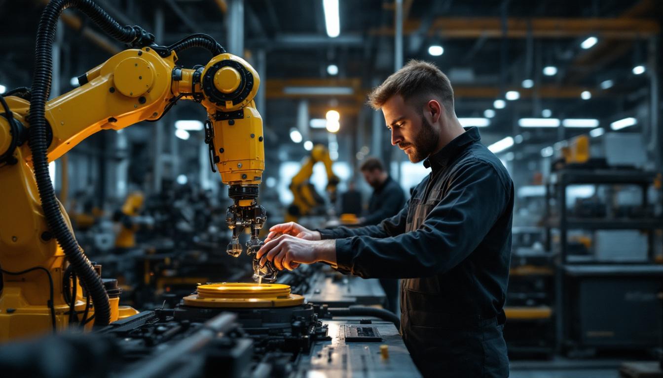 A photograph of a dynamic industrial setting featuring a skilled worker engaging with advanced robotic machinery