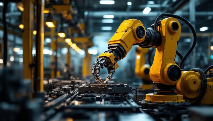 A photograph of a dynamic industrial setting showcasing a robotic arm in action
