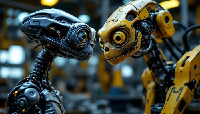 A photograph of a detailed close-up of the e.t. animatronic alongside an industrial robotic arm in a workshop setting