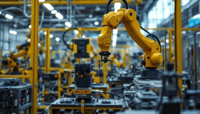 A photograph of a state-of-the-art industrial robot in action within a modern manufacturing facility