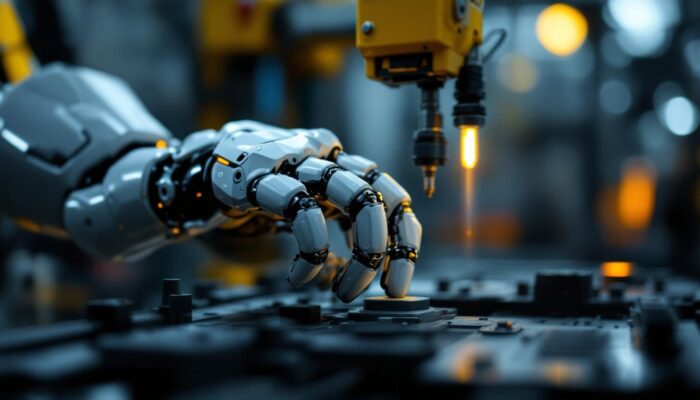 A photograph of a close-up of a robotic hand delicately interacting with an industrial machine