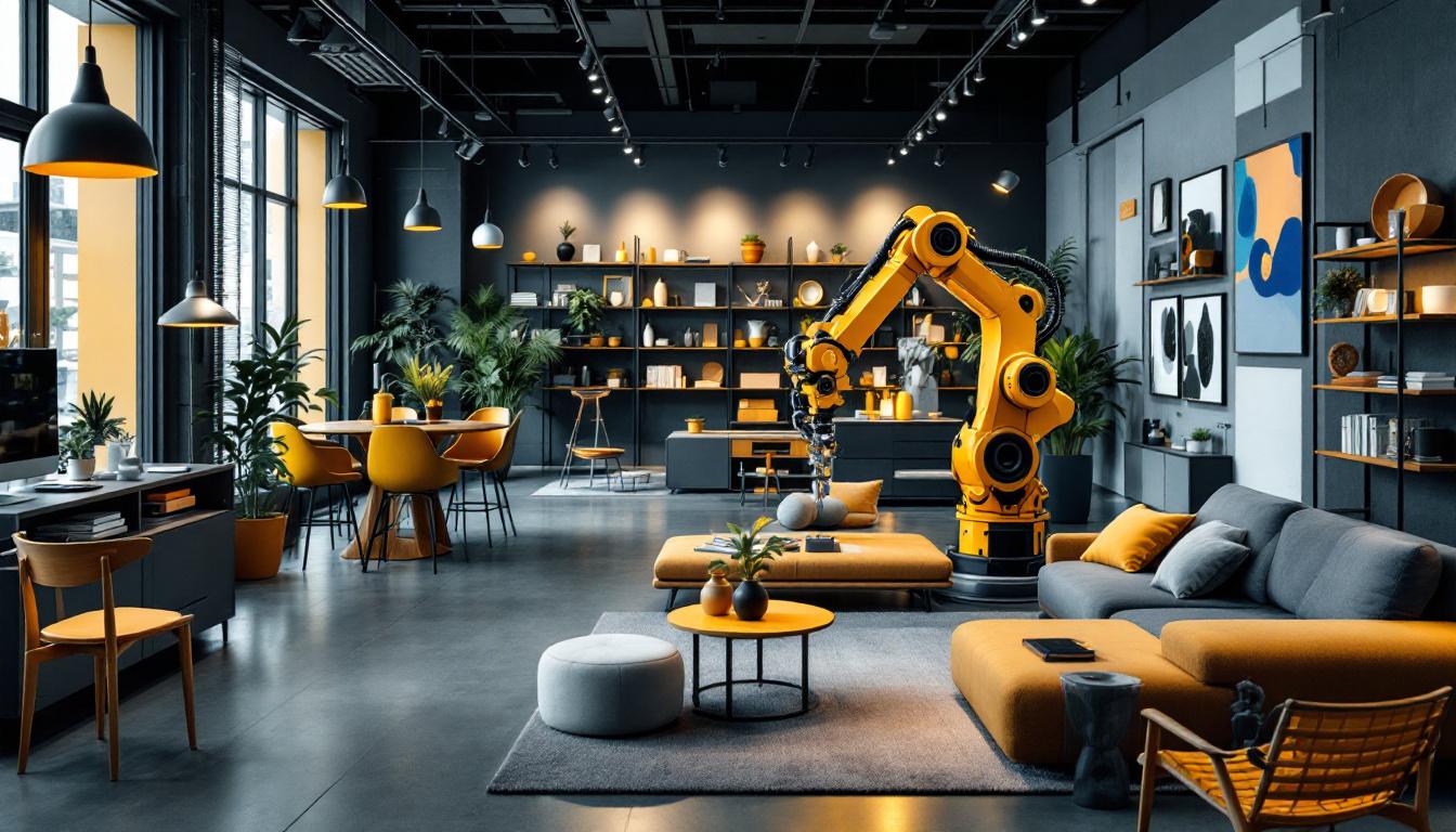 A photograph of a modern furniture showroom featuring sleek