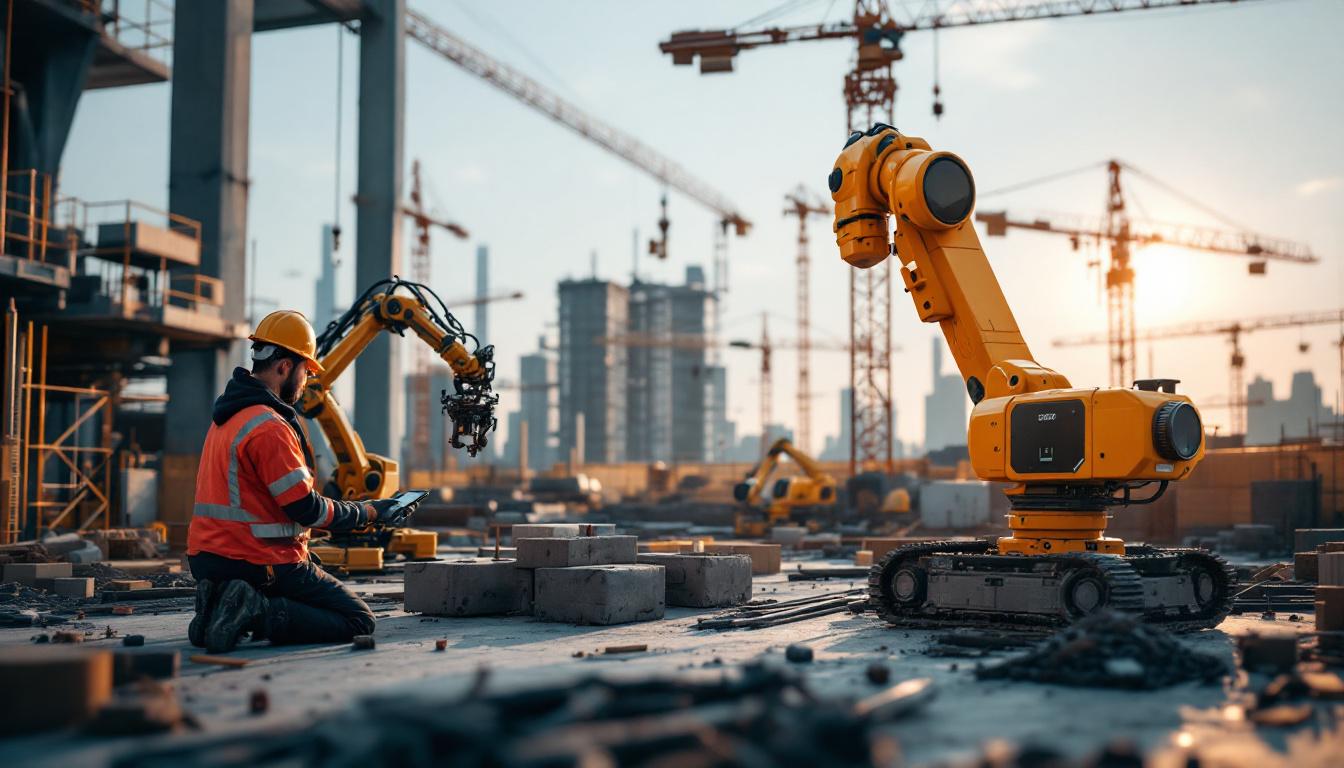 A photograph of capture a photograph of a modern construction site featuring a wireless construction camera in action