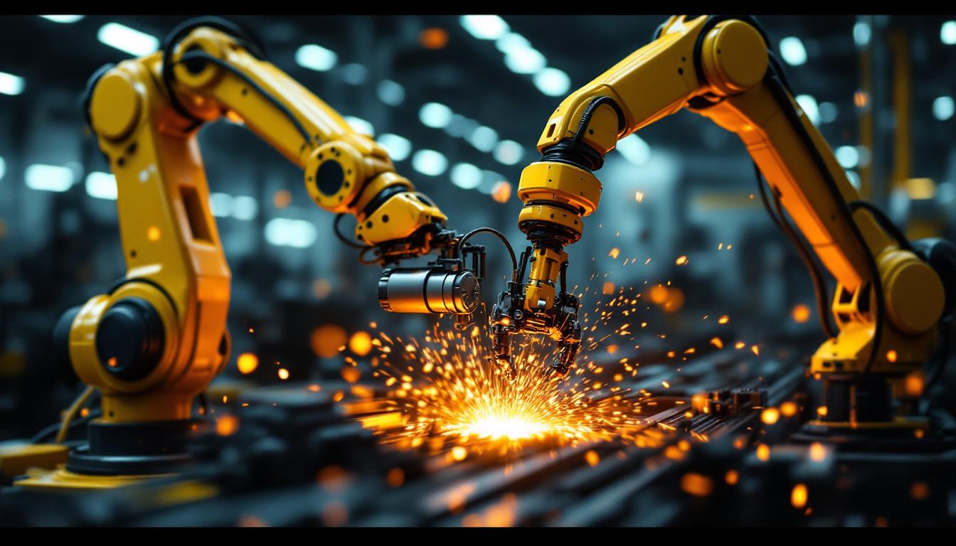 A photograph of a dynamic industrial setting featuring a dc motor in action alongside a robotic arm