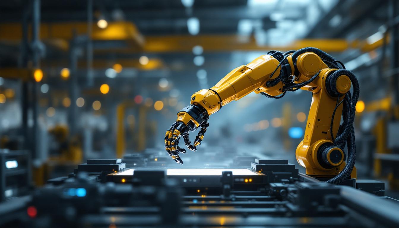 A photograph of a dynamic industrial environment showcasing a sleek electric robotic arm in action