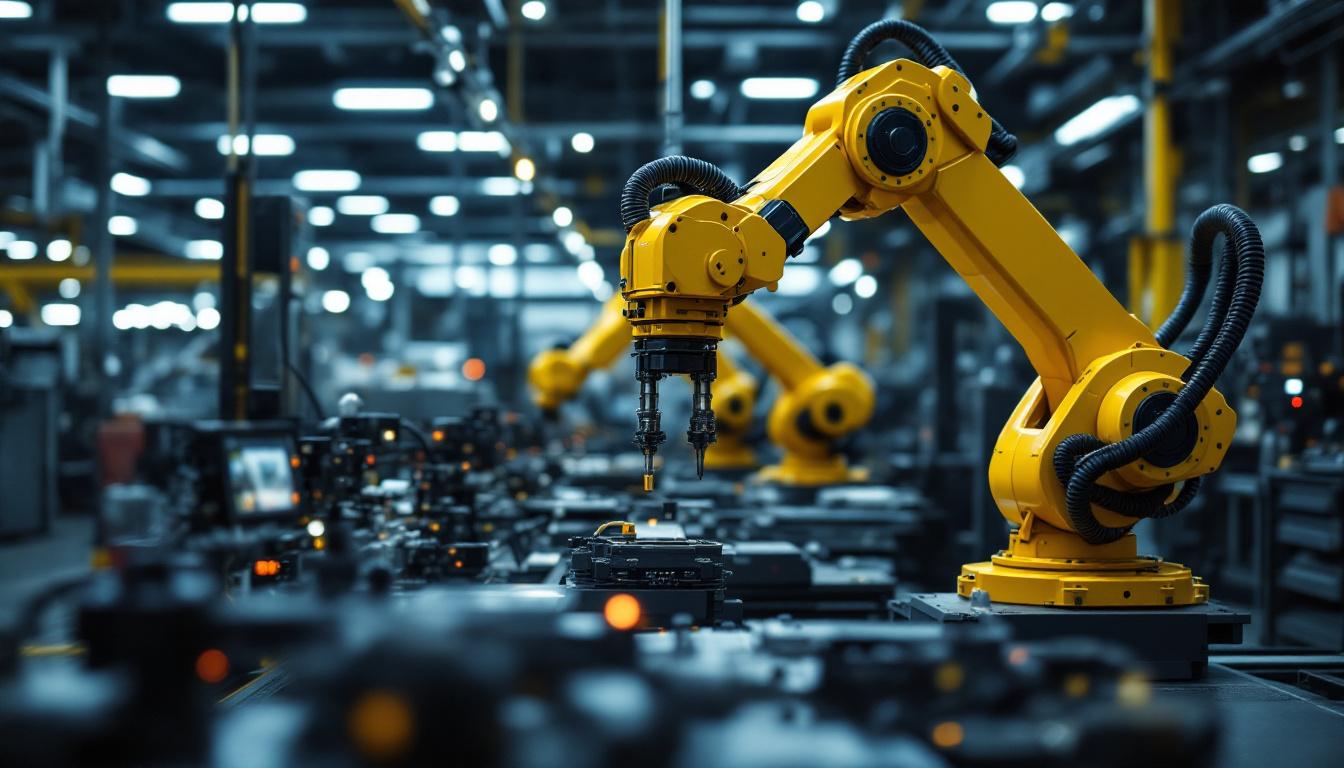 A photograph of a dynamic industrial setting featuring atlas machines and robotic arms in action