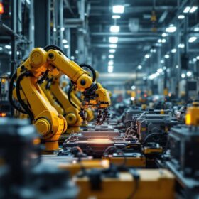 A photograph of a bustling boston industrial workspace featuring advanced robotic systems in action