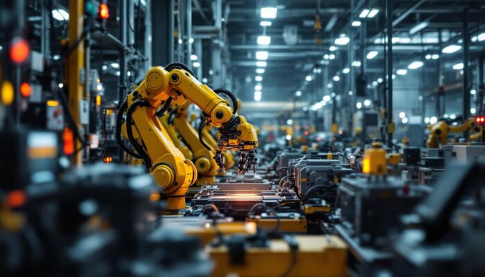 A photograph of a bustling boston industrial workspace featuring advanced robotic systems in action