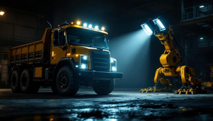 A photograph of a rugged truck equipped with a powerful remote control spotlight in action
