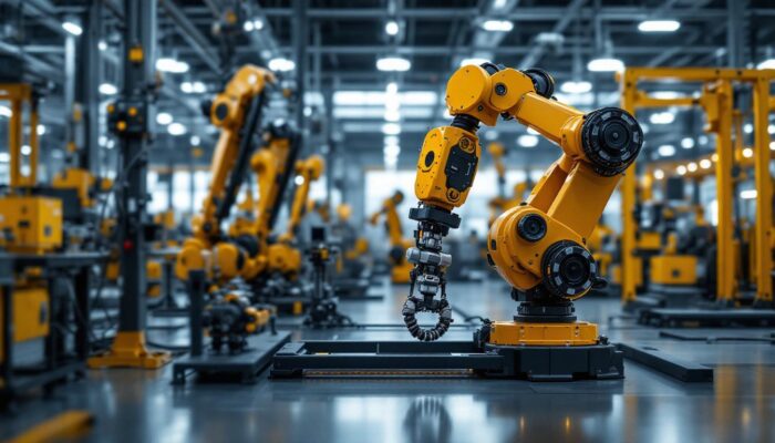 A photograph of a modern industrial setting featuring both classic machinery and advanced robotic systems in action