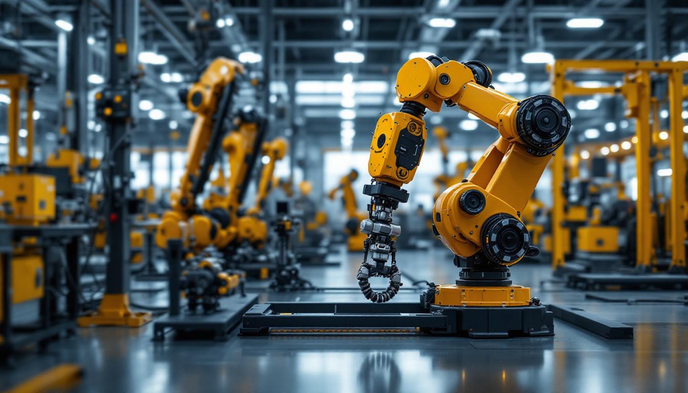 A photograph of a modern industrial setting featuring both classic machinery and advanced robotic systems in action