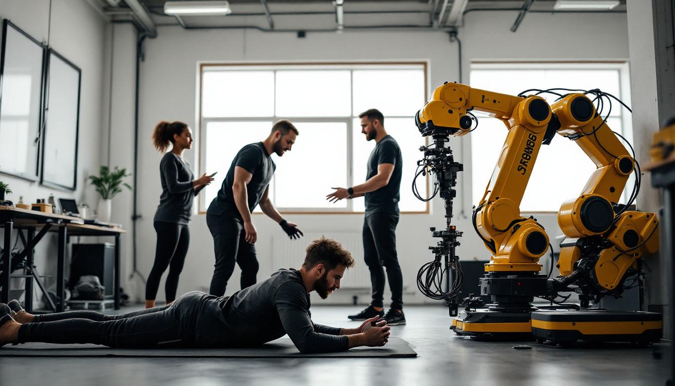 A photograph of a dynamic stretch lab session with a client and trainer demonstrating flexibility exercises