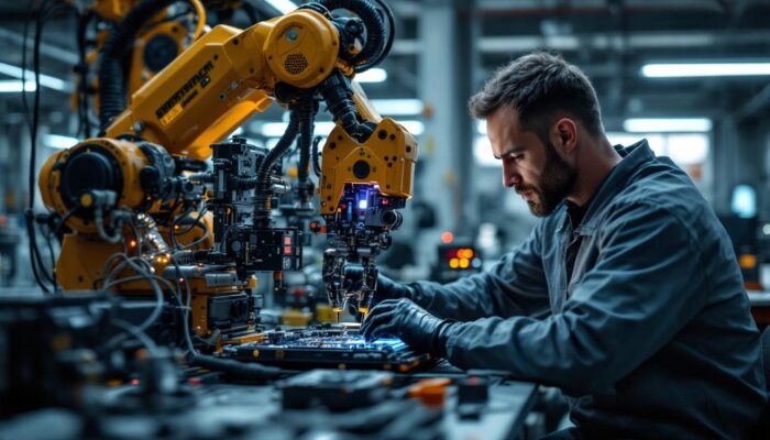 A photograph of a skilled electrical engineer working on an industrial robotic system in a modern lab setting