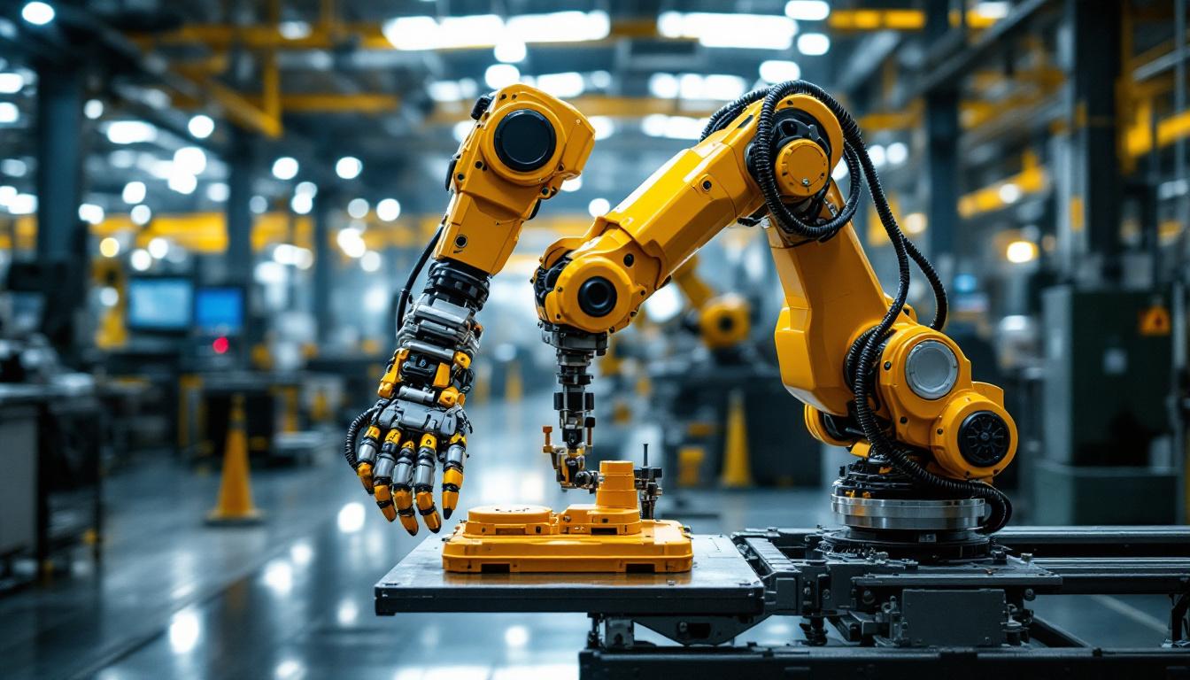 A photograph of a dynamic industrial setting showcasing a robotic arm in action