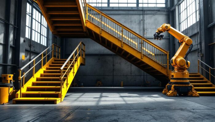 A photograph of a striking dog-legged staircase in an industrial setting
