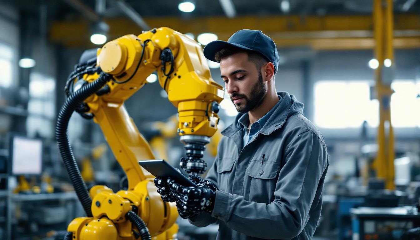 A photograph of a young electrical engineer working on an industrial robotic arm in a modern workshop