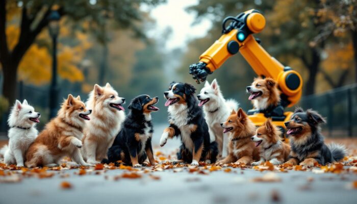 A photograph of a lively scene featuring a diverse group of dogs playfully interacting in a park setting