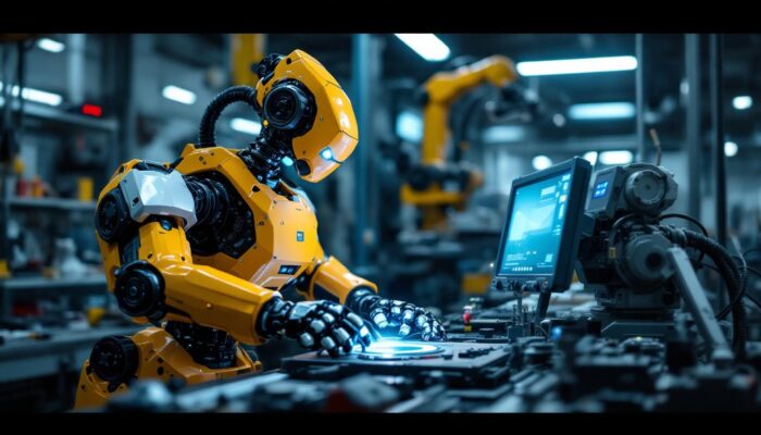 A photograph of a dynamic industrial robot in action within a manufacturing setting