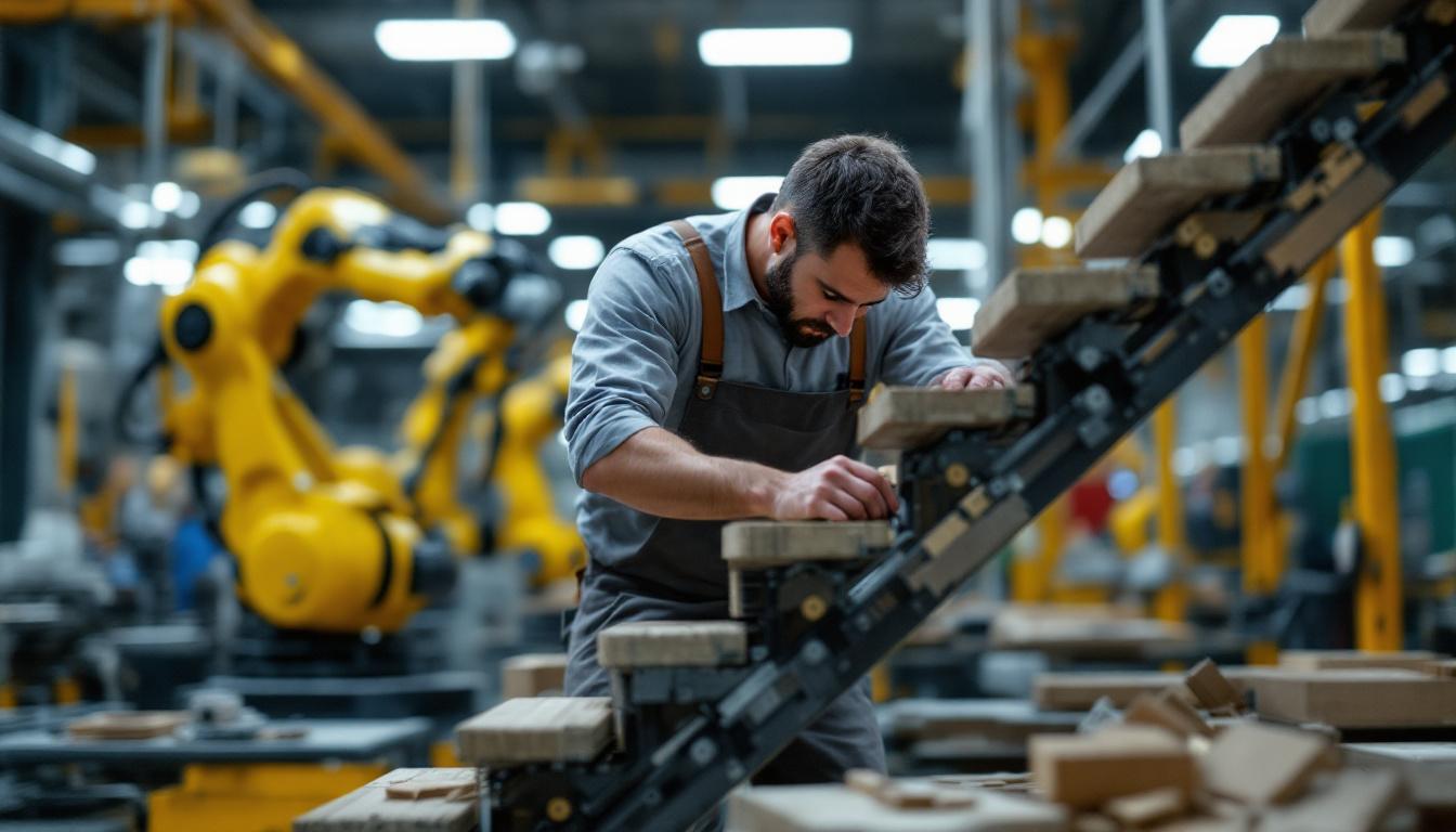 A photograph of a skilled craftsman meticulously constructing a set of stairs