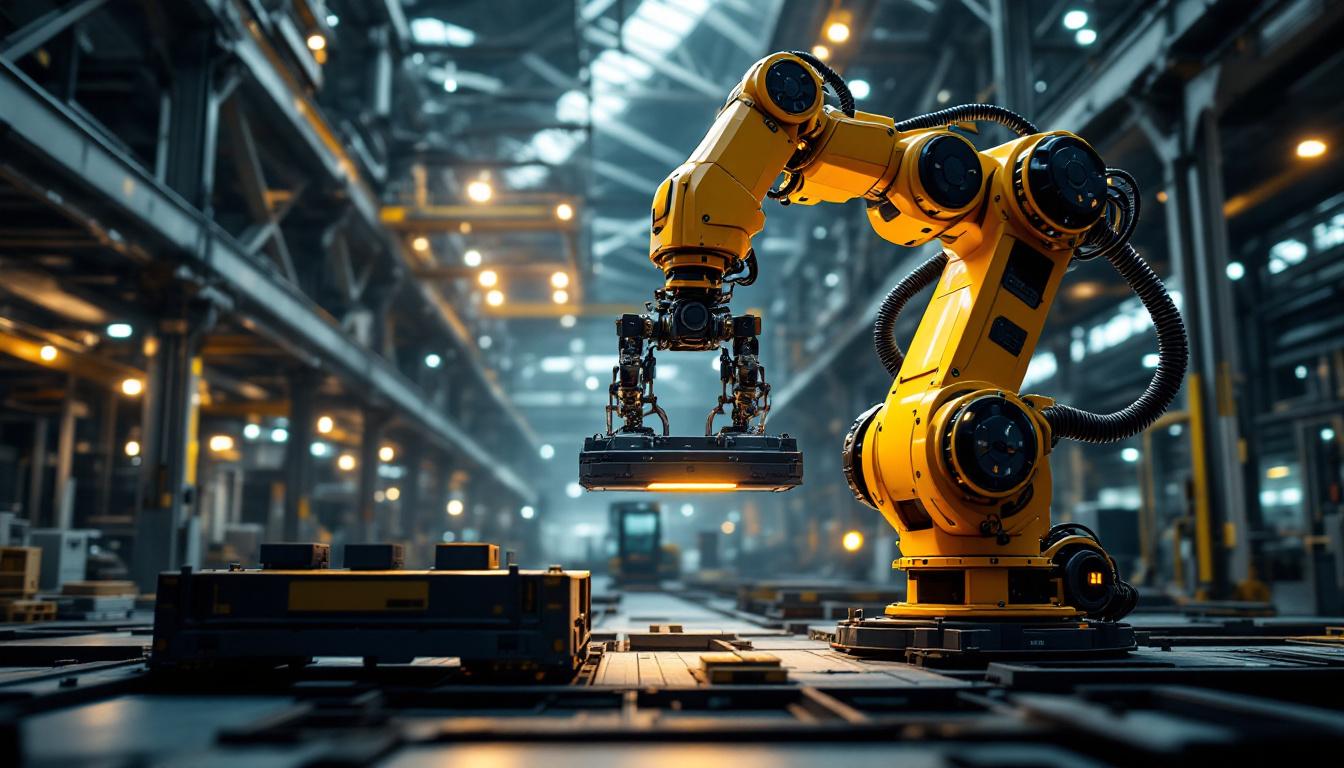 A photograph of a powerful industrial robot lifting a heavy load